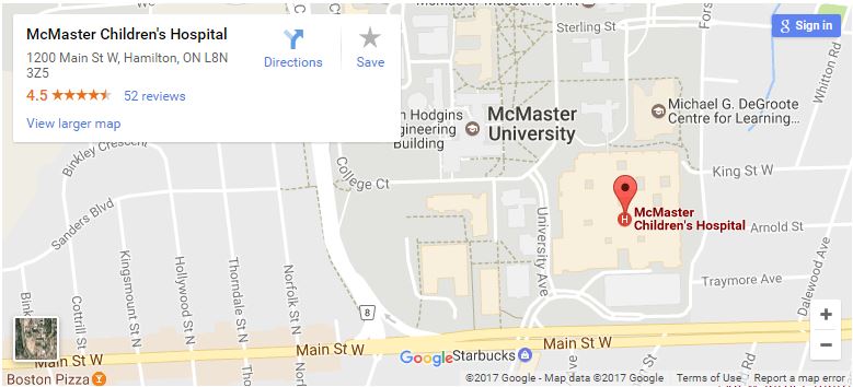 Screen capture of Google Maps showing McMaster Children's Hospital